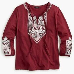 J. Crew‎ Red Embroidered Tie-Neck Boho Top Size Small Hippie Peasant Blouse Bell